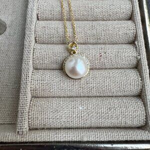 Elegant Freshwater Pearl Necklace with CZ Halo Accent | 14k Gold-Filled